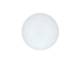 A plain, round white ceramic plate viewed from above, centered on a white background. Reminiscent of a Charlotte Bowl, it features subtle concentric circular ridges and no patterns or decorations.