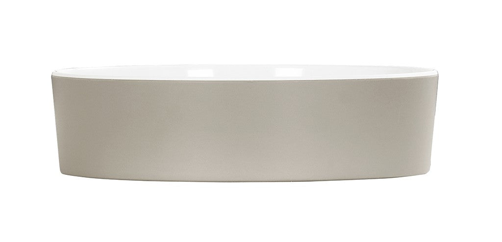 A shallow, round, light gray ceramic dish with smooth, straight sides and a glossy white interior is shown against a white background; this melamine piece is both stylish and dishwasher safe.