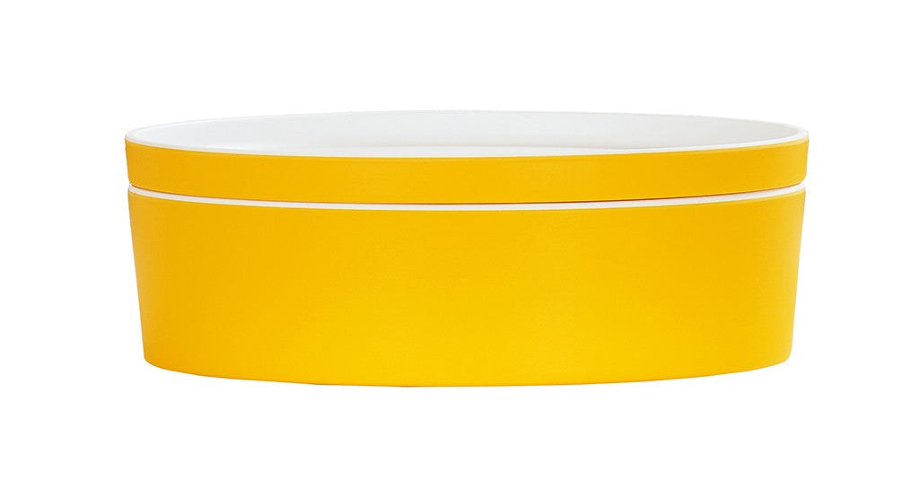 A round, two-piece Bento Box with a bright yellow exterior and white melamine interior. The matching lid fits neatly on top. This dishwasher safe container is set against a plain white background.