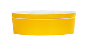 A round, two-piece Bento Box with a bright yellow exterior and white melamine interior. The matching lid fits neatly on top. This dishwasher safe container is set against a plain white background.