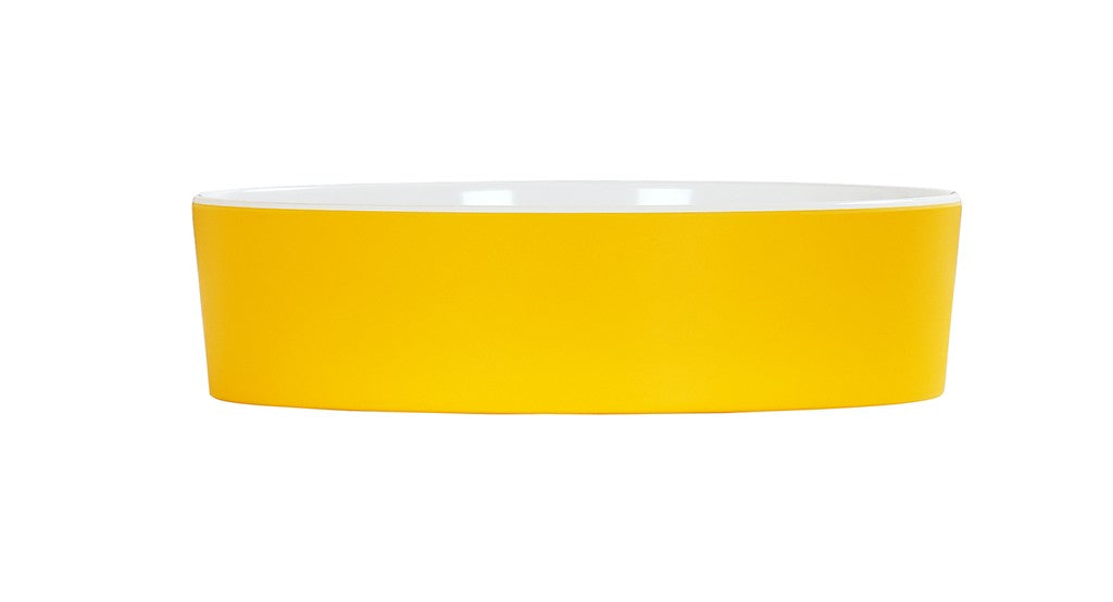 A shallow, round melamine dish with straight sides. The exterior is bright yellow, while the interior is plain white. Perfect for a Bento Box setup and dishwasher safe, it's placed against a plain white background.