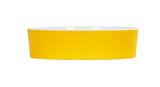 A shallow, round melamine dish with straight sides. The exterior is bright yellow, while the interior is plain white. Perfect for a Bento Box setup and dishwasher safe, it's placed against a plain white background.