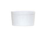 A plain, white, cylindrical melamine jar with a matching flat screw-on lid. The container is photographed against a white background, featuring a smooth surface similar to a minimalistic Bento Box and is dishwasher safe for easy cleaning.
