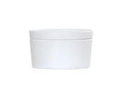 A plain, white, cylindrical melamine jar with a matching flat screw-on lid. The container is photographed against a white background, featuring a smooth surface similar to a minimalistic Bento Box and is dishwasher safe for easy cleaning.