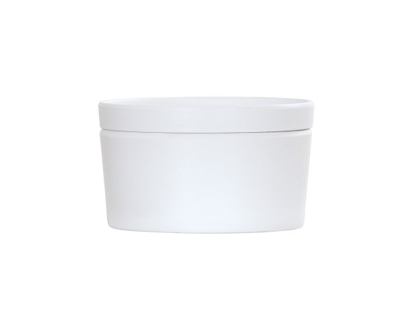 A plain, white, cylindrical melamine jar with a matching flat screw-on lid. The container is photographed against a white background, featuring a smooth surface similar to a minimalistic Bento Box and is dishwasher safe for easy cleaning.