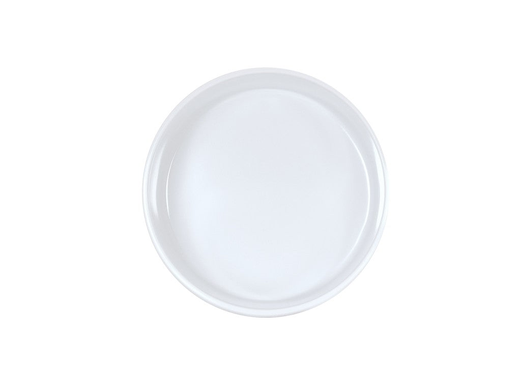 A plain, round, white melamine plate is shown from a top-down view against a white background. The plate has smooth edges, no visible decorations or patterns, and is dishwasher safe for easy cleaning.