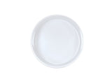A plain, round, white melamine plate is shown from a top-down view against a white background. The plate has smooth edges, no visible decorations or patterns, and is dishwasher safe for easy cleaning.