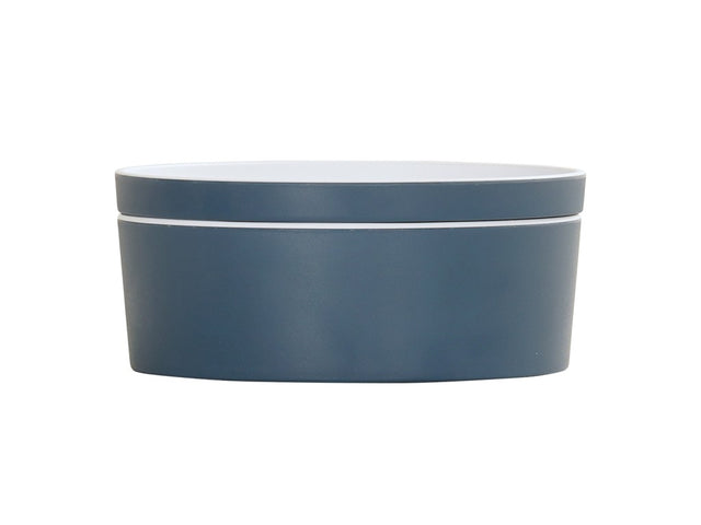A minimalist, round, matte blue melamine container with a matching flat lid is shown against a white background. The container has smooth sides, a simple modern design, and is perfect as a Bento Box.