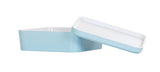 A pastel blue, rectangular Bento Box with a matching lid is slightly open and resting at an angle on top. Made from durable melamine, its clean, modern design features smooth edges, a glossy finish, and is dishwasher safe for easy cleaning.