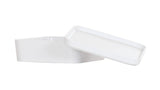 A white, geometric, asymmetrical Bento Box made of smooth melamine features a matching flat lid resting partly askew. The plain white background highlights its modern, minimalist design—and it’s dishwasher safe for easy cleaning.