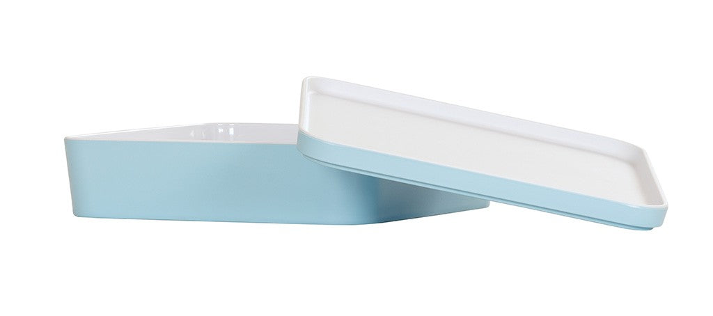A rectangular, light blue Bento Box storage container made of melamine with a matching white and blue flat lid. The lid is slightly tilted, revealing the interior. Both container and lid are dishwasher safe. The background is plain white.