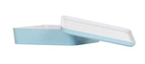 A rectangular, light blue Bento Box storage container made of melamine with a matching white and blue flat lid. The lid is slightly tilted, revealing the interior. Both container and lid are dishwasher safe. The background is plain white.