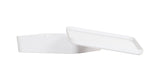 A rectangular white melamine container with slightly rounded edges is shown with its matching flat lid partially lifted and resting at an angle, revealing the empty inside. This Bento Box-style dish is dishwasher safe. The background is plain white.