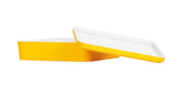 A rectangular, bright yellow melamine Bento Box with a white interior is shown against a white background. Its matching yellow-and-white lid is partially lifted and rests at an angle above the container, revealing the inside. Dishwasher safe for easy cleaning.