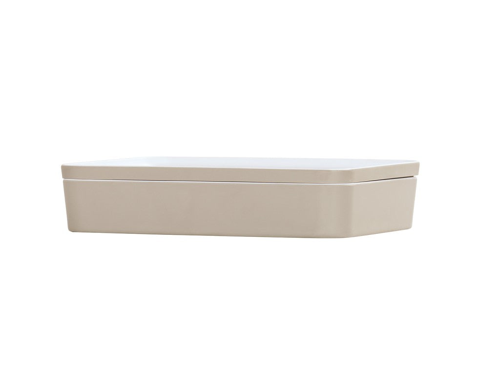 A rectangular, shallow beige Bento Box with a matching flat lid, shown against a plain white background. The box has smooth, rounded corners, a minimalist modern design, and is dishwasher safe for easy cleaning.