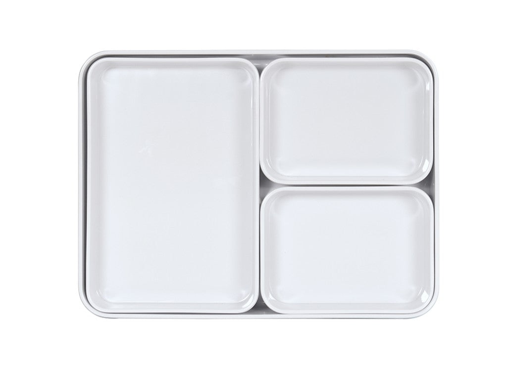 A white melamine rectangular tray with three sections: one large compartment on the left and two smaller ones stacked on the right. Styled like a Bento Box, it features rounded edges, a glossy surface, and is dishwasher safe. Viewed from above on a white background.
