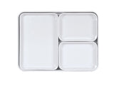 A white melamine rectangular tray with three sections: one large compartment on the left and two smaller ones stacked on the right. Styled like a Bento Box, it features rounded edges, a glossy surface, and is dishwasher safe. Viewed from above on a white background.