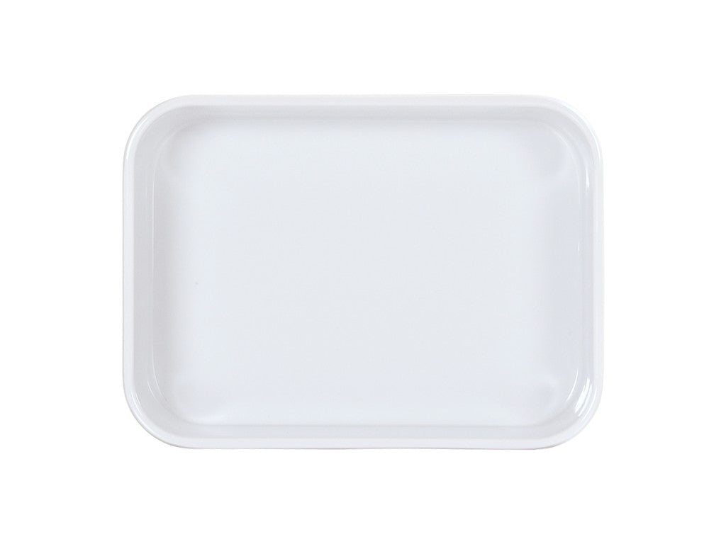 A plain, empty rectangular white tray with rounded corners and slightly raised edges, crafted from melamine and dishwasher safe, photographed on a white background—ideal as a bento box insert.