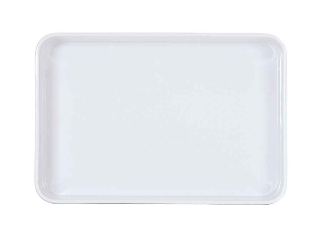 A plain, rectangular white melamine tray with slightly raised, rounded edges, viewed from above. The glossy surface and lack of markings make it ideal as a Bento Box Insert. It is also dishwasher safe for easy cleaning.