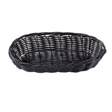 A black, oval-shaped basket hand-woven from polypropylene cord with an open top and sides. The basket features a simple, tight weave pattern and a slightly raised rim, with no handles or contents visible, set against a plain white background.