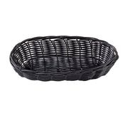 A black, oval-shaped basket hand-woven from polypropylene cord with an open top and sides. The basket features a simple, tight weave pattern and a slightly raised rim, with no handles or contents visible, set against a plain white background.