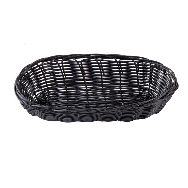 A black, oval-shaped basket hand-woven from polypropylene cord with an open top and sides. The basket features a simple, tight weave pattern and a slightly raised rim, with no handles or contents visible, set against a plain white background.