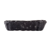 A rectangular, shallow, black hand-woven basket is shown against a plain white background. Crafted from durable polypropylene cord, it features a woven pattern with slightly curved sides and a flat base.