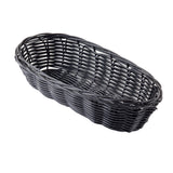 A black, oval-shaped hand-woven basket with an open top, crafted from polypropylene cord. Its woven sides and base are clearly visible against a white background, showcasing its texture and detailed weaving pattern.