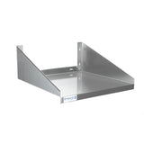 A stainless steel wall-mounted shelf with NSF certification, featuring two angled side supports and a flat rectangular base. The brushed metal Wall Mount Microwave Shelf has an Empura label on the front and holes for mounting on the back panel. Plain white background.