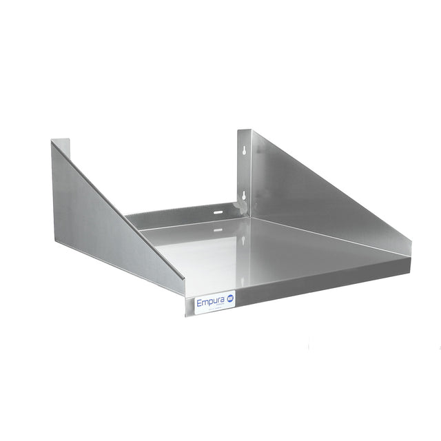 A stainless steel wall-mounted shelf with NSF certification, featuring two angled side supports and a flat rectangular base. The brushed metal Wall Mount Microwave Shelf has an Empura label on the front and holes for mounting on the back panel. Plain white background.