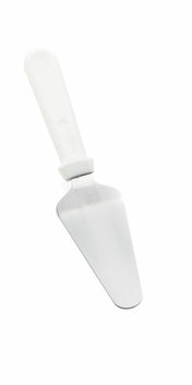 A Pie Server with a stainless steel blade and white plastic handle, photographed on a plain white background. The triangular, flat blade is slightly angled for lifting and serving slices of cake or pie, and it's dishwasher safe for easy cleaning.