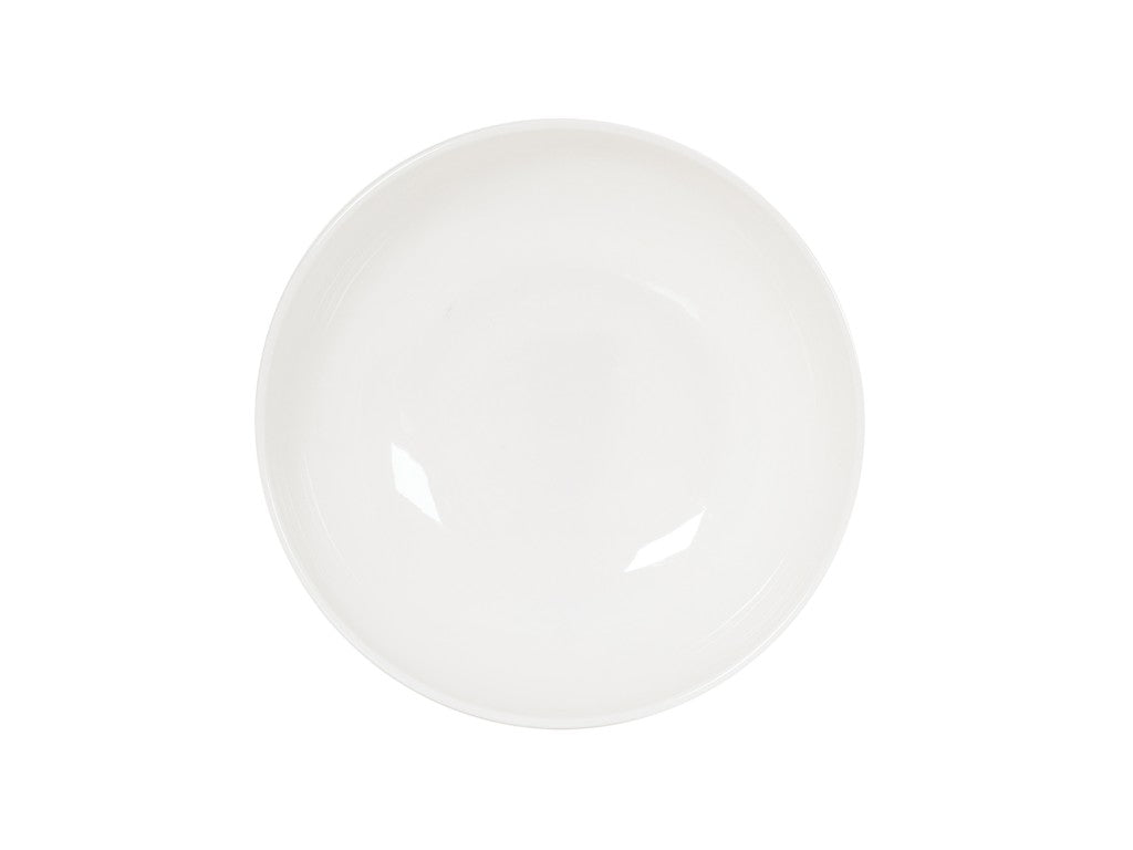 A plain, empty white round bowl is shown from above against a white background. The bowl is smooth and glossy with no patterns or decorations, emphasizing its simple, minimalist design.