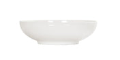 A plain, white round bowl with smooth sides and a slightly raised base, photographed from the side against a white background. This 12 inch bowl features a minimalist design with no visible patterns or decorations.