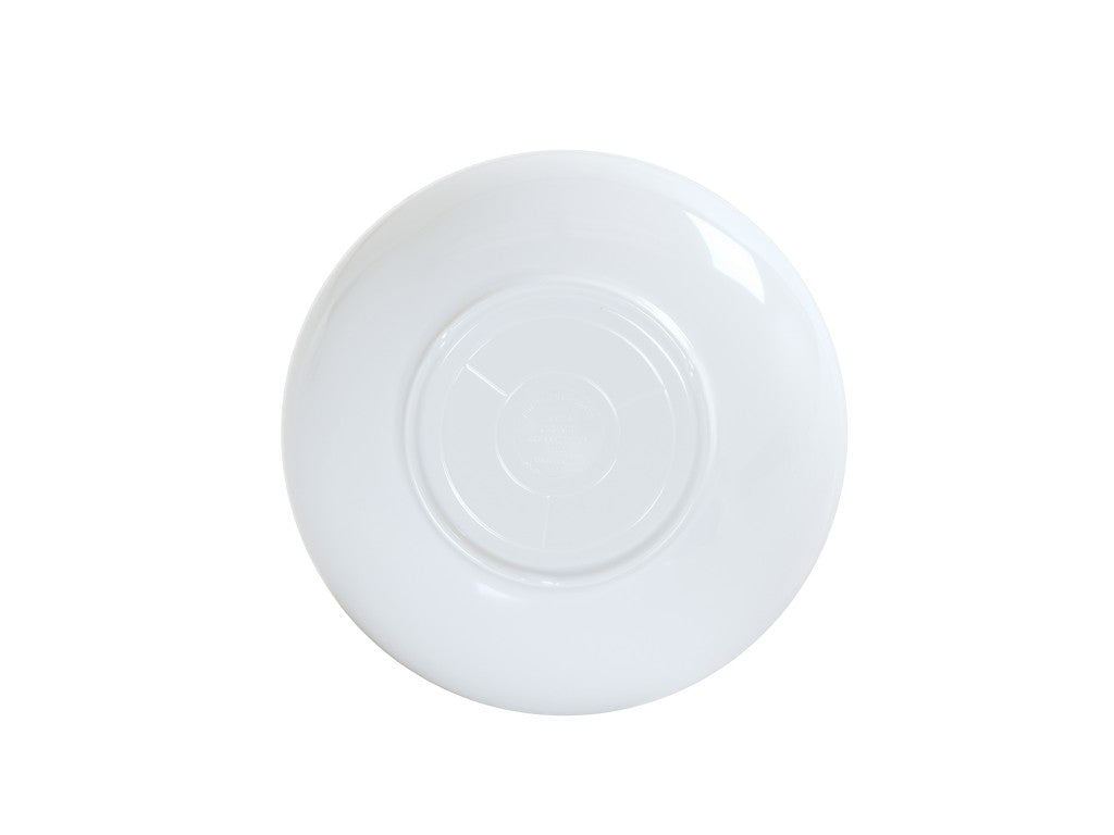 A white, round melamine bowl is shown from above against a plain white background. The bowl has a smooth, glossy surface and a slightly raised circular base in the center. The lighting highlights its shiny finish.