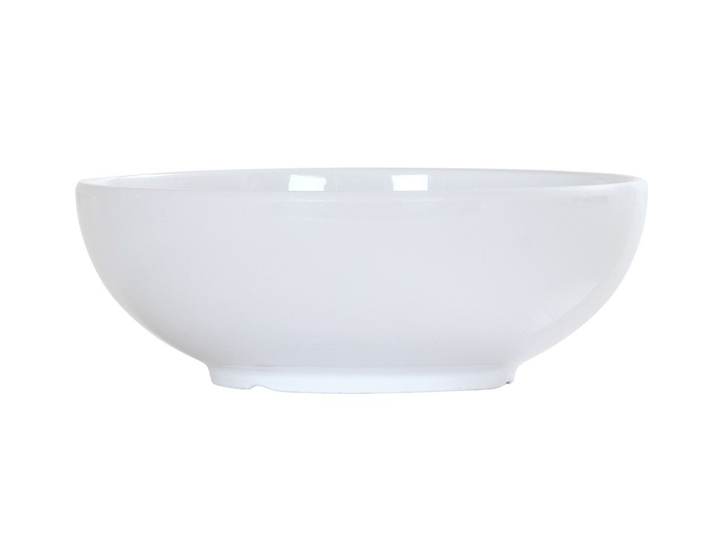 A plain, 8 inch white round bowl with smooth sides and a slightly raised base, photographed against a white background. The bowl features a simple, minimalist design and is empty.