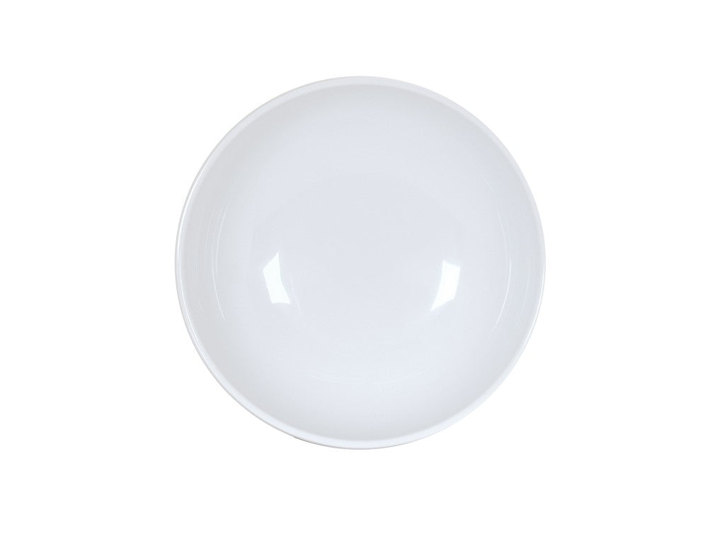A plain, white round bowl is shown from a top-down view, centered on a white background. This empty 8 inch bowl features smooth, glossy surfaces with gentle reflections of light.