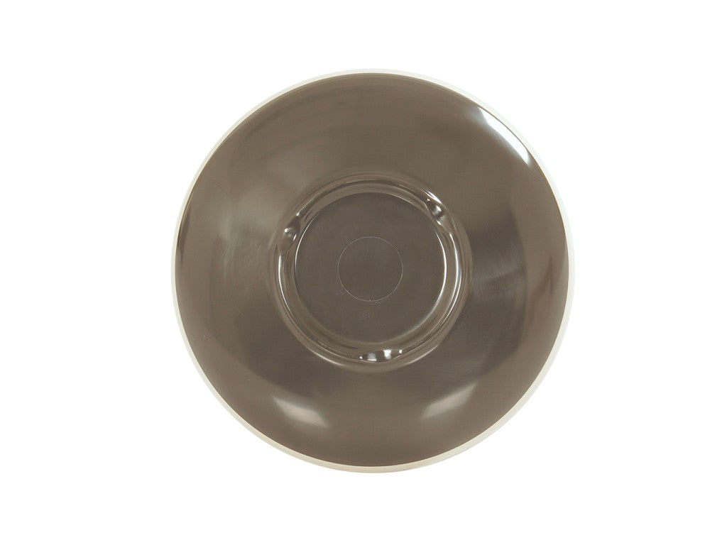 A round, glossy, dark gray Vienna Bowl saucer with a shallow indentation in the center, photographed from above against a plain white background. This piece is dishwasher safe for easy cleaning.