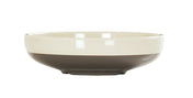 A shallow, round Vienna Bowl with a glossy finish. The upper half is cream-colored, while the lower half is a dark grayish-brown. This ceramic bowl has a smooth rim, rests on a slightly elevated base, and is set against a plain white background.