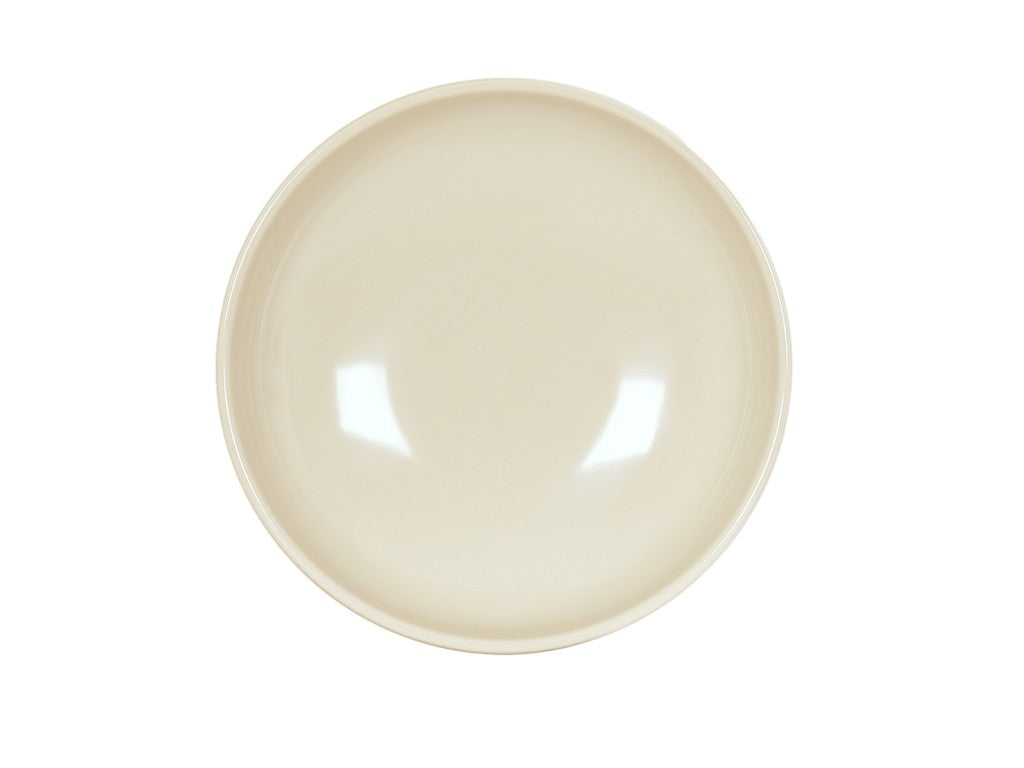 A round, cream-colored Vienna Bowl is shown from above on a white background. The glossy, melamine surface features subtle reflections of light and is free from any patterns or decorations. This plate is also dishwasher safe.