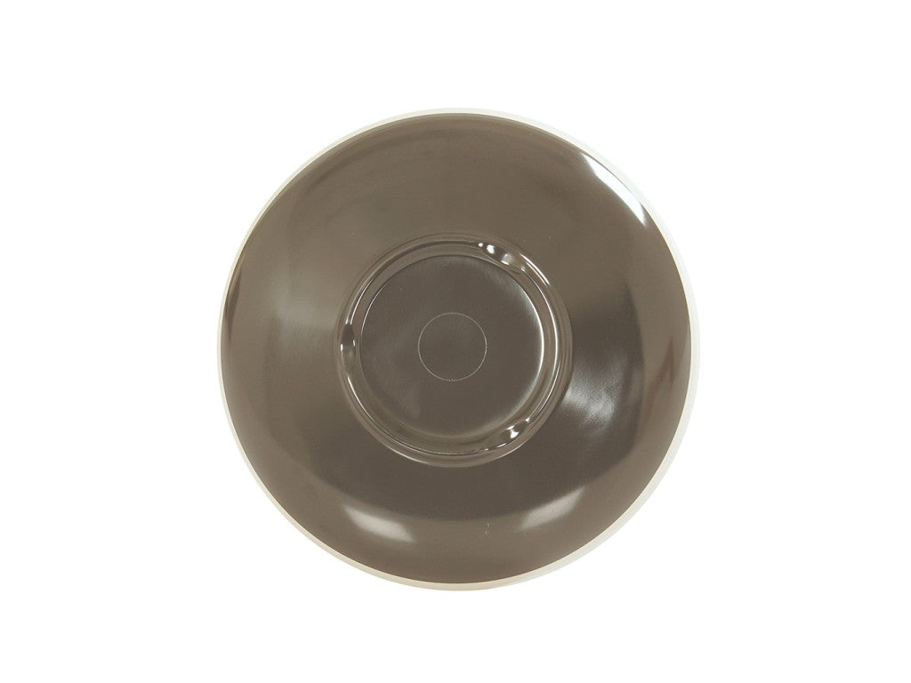A top-down view of a round, glossy, dark brown Vienna Bowl with a slightly raised center ring, crafted from dishwasher safe melamine and placed against a plain white background.