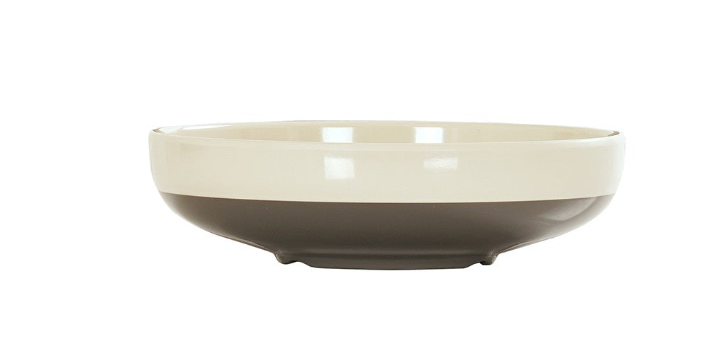 A shallow, round Vienna Bowl with a wide rim features a cream upper half and dark brown lower half. This dishwasher safe bowl sits on a small, slightly raised base against a plain white background.