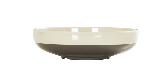 A shallow, round Vienna Bowl with a wide rim features a cream upper half and dark brown lower half. This dishwasher safe bowl sits on a small, slightly raised base against a plain white background.