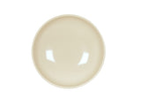 A round, empty, beige ceramic Vienna Bowl is viewed from above against a white background. The plate has a smooth, glossy finish with reflections of light visible on its surface and is dishwasher safe for easy cleaning.