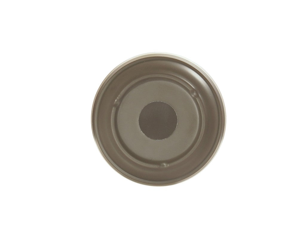 A metallic, circular object viewed from above, resembling a Vienna Bowl with a raised outer rim, recessed center, and small hole in the middle. The smooth, muted silver-gray surface appears durable and melamine-like against a plain white background.