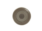 A metallic, circular object viewed from above, resembling a Vienna Bowl with a raised outer rim, recessed center, and small hole in the middle. The smooth, muted silver-gray surface appears durable and melamine-like against a plain white background.