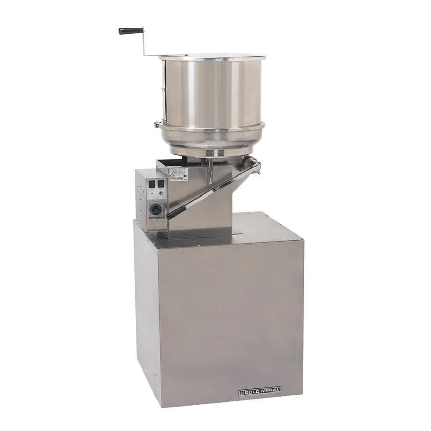 A commercial-grade Gold Medal Products popcorn machine with a Mark 10 Mixer features a large cylindrical popping kettle, hand crank, and control panel. Its sturdy stainless steel base is industrially designed for high-volume popcorn production.