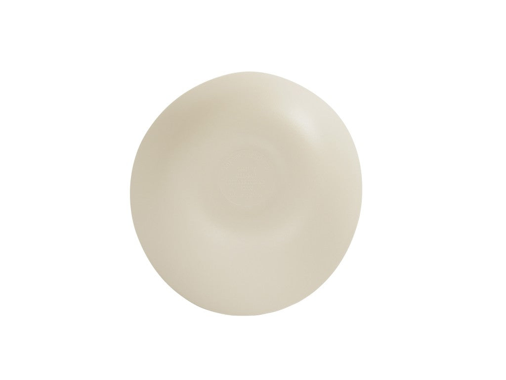 A round, beige, flat Bali Soup Bowl with a shallow center indentation, resembling smooth melamine or ceramic, photographed on a plain white background. This bowl is dishwasher safe for easy cleaning.