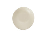 A round, beige, flat Bali Soup Bowl with a shallow center indentation, resembling smooth melamine or ceramic, photographed on a plain white background. This bowl is dishwasher safe for easy cleaning.