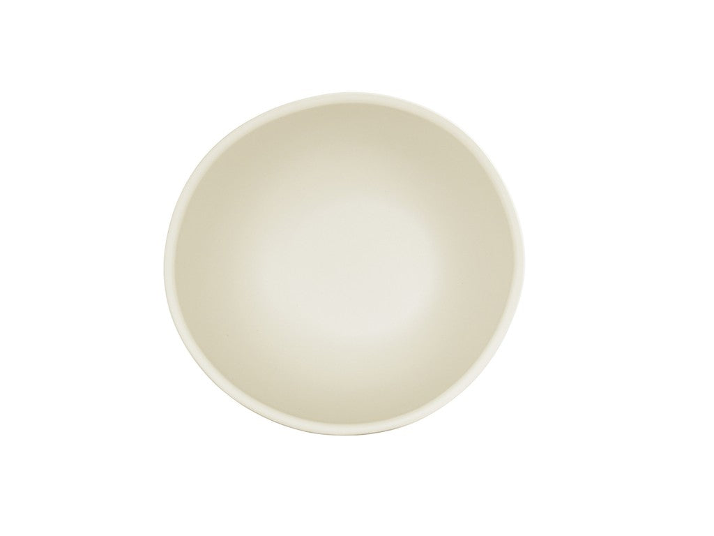 A plain, round, off-white Bali Soup Bowl is shown from above against a white background. The bowl is empty and has smooth, clean edges with a simple, minimalist design. This Bali Soup Bowl is also dishwasher safe.