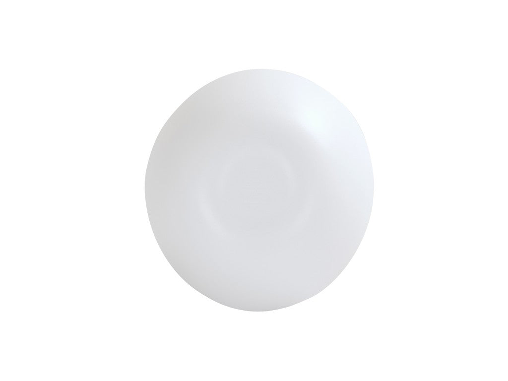 A plain, round, white melamine plate viewed from above, centered on a white background. The plate is empty, smooth, and has a subtle rim, with soft shadows creating a slight sense of depth. It's durable and dishwasher safe.